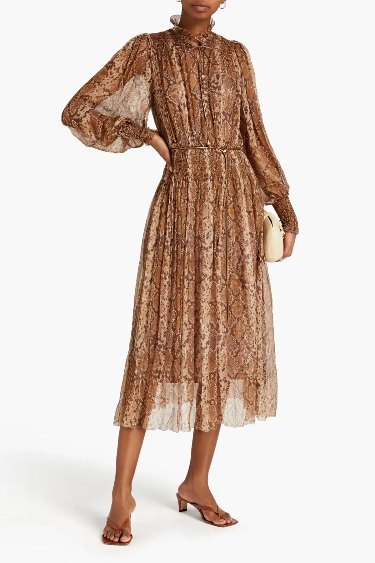 Zimmerman Belted Metallic Snake-Print Silk-Blend Chiffon Midi Dress Animal Print Size 2/AU 12 - Image 1