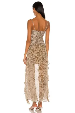 Shona Joy Claudette Ruched Frill Midi Dress Olive/Cream Print Size 8 for rent on The Volte - image 3