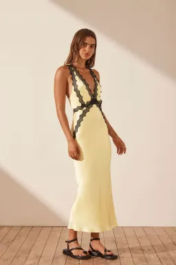 Shona Joy Camille Lace Cross back Midi Dress Limoncello/Black Size 6 for rent on The Volte - image 1