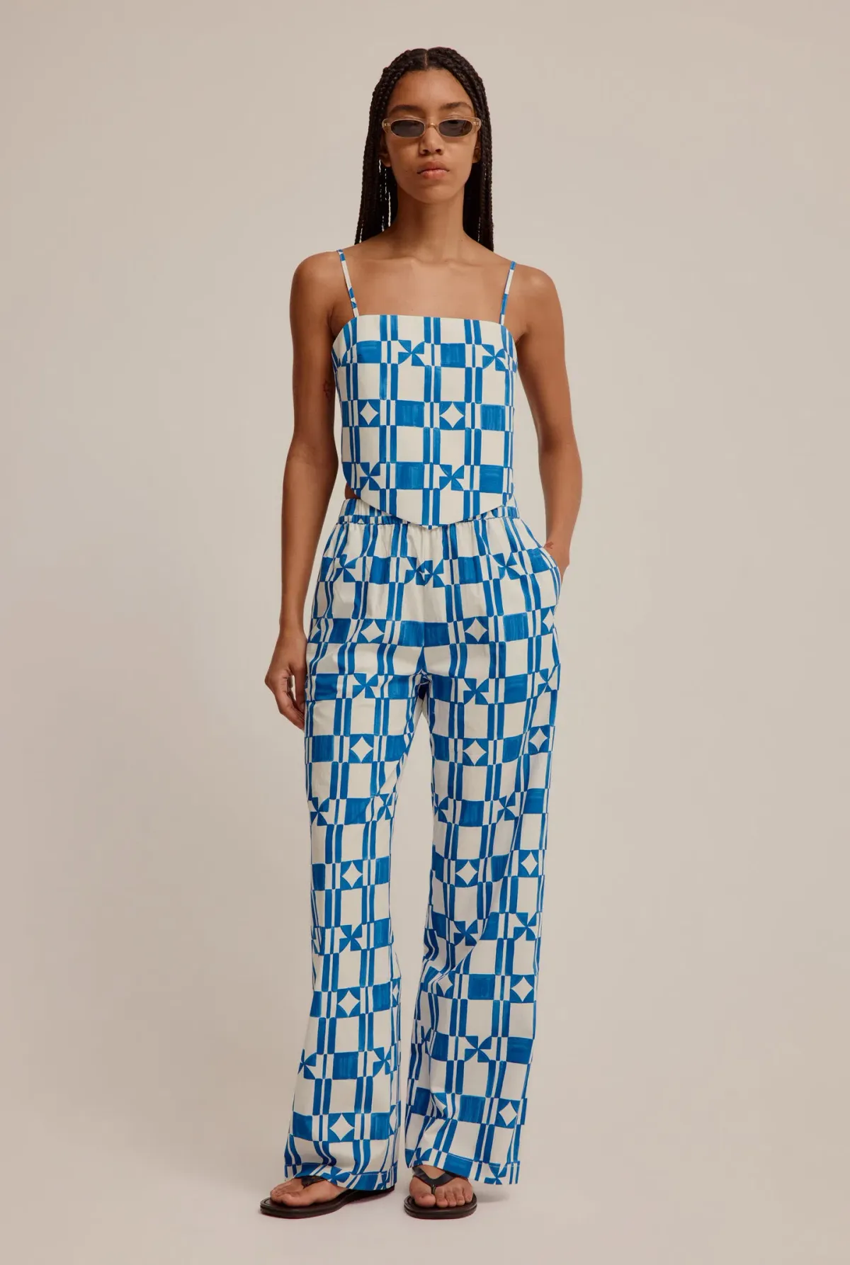 Venroy Printed Poplin Top and Pant Set  in Blue/Off White Geometric Size XS/Au 6 - Image 1