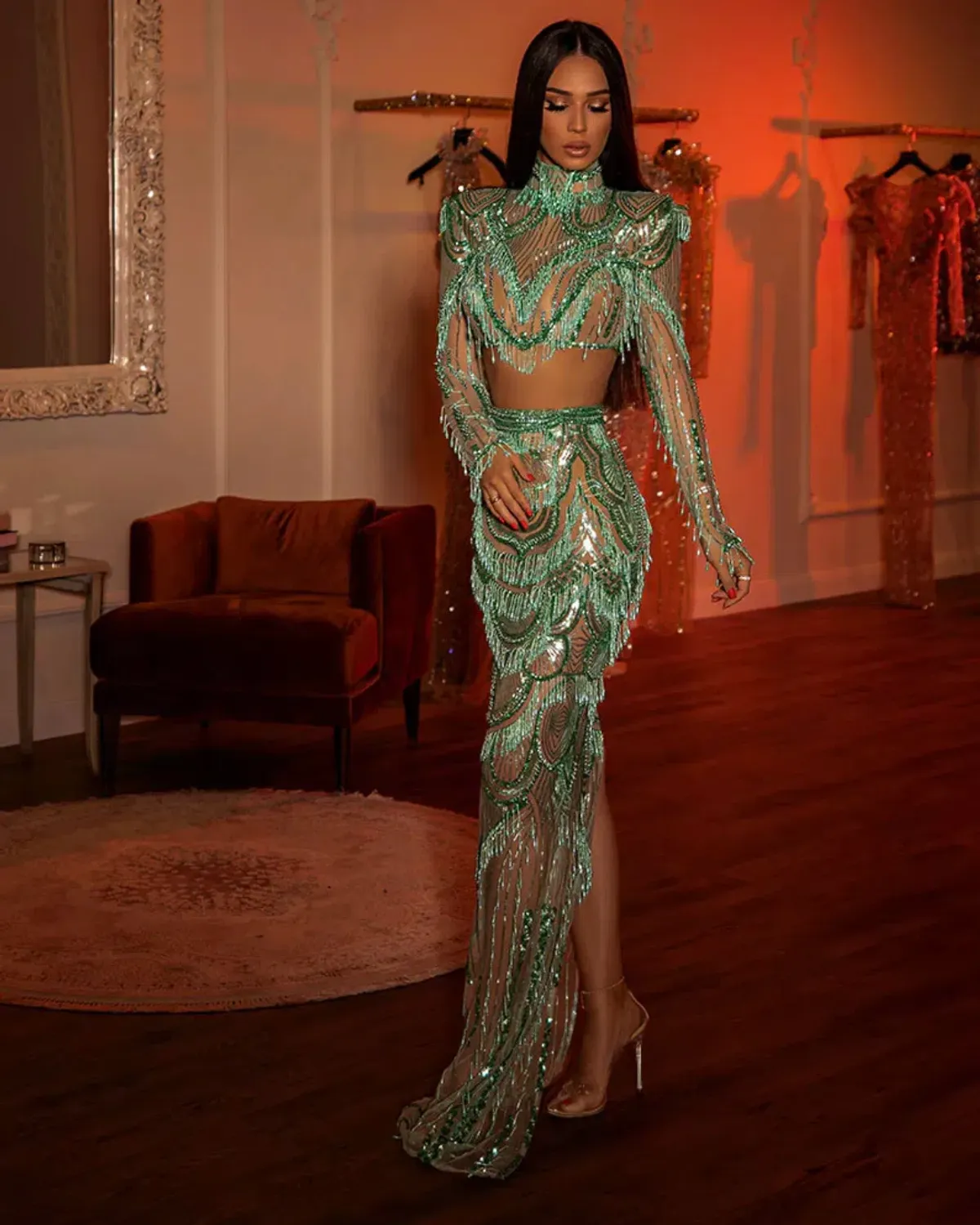 Albina Dyla Beaded Top & Skirt Set Green Size 6 - Image 1