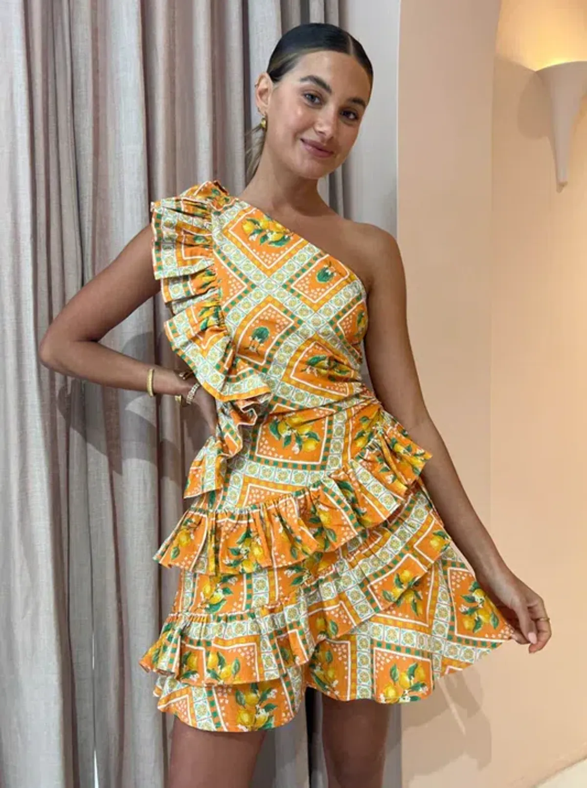 By Nicola Adrift Frill Mini Dress in Orange Mosaic Print Size 8 - Image 2