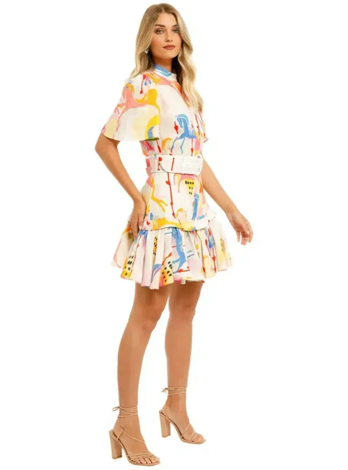 Leo & Lin Carousel Linen Shirt Dress Rainbow Carousel Multi Print Size AU 12 - Image 2