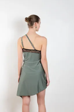 Coperni Lace-Trim Asymmetric Mini Dress Green Size 8 for rent on The Volte - image 2