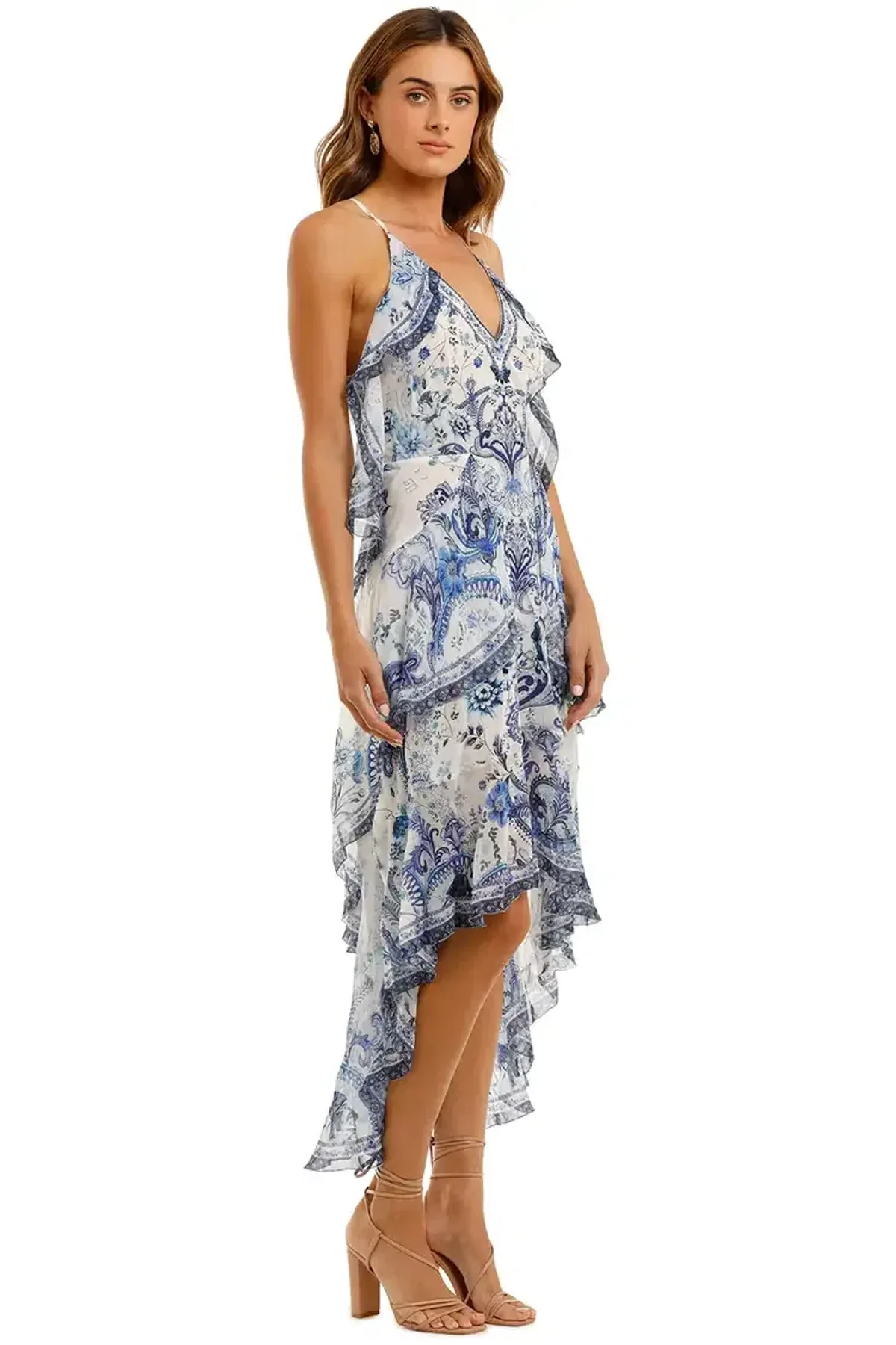 Camilla V-Neck Fitted Dress With Ruffles in Blue Size 10 - Image 2