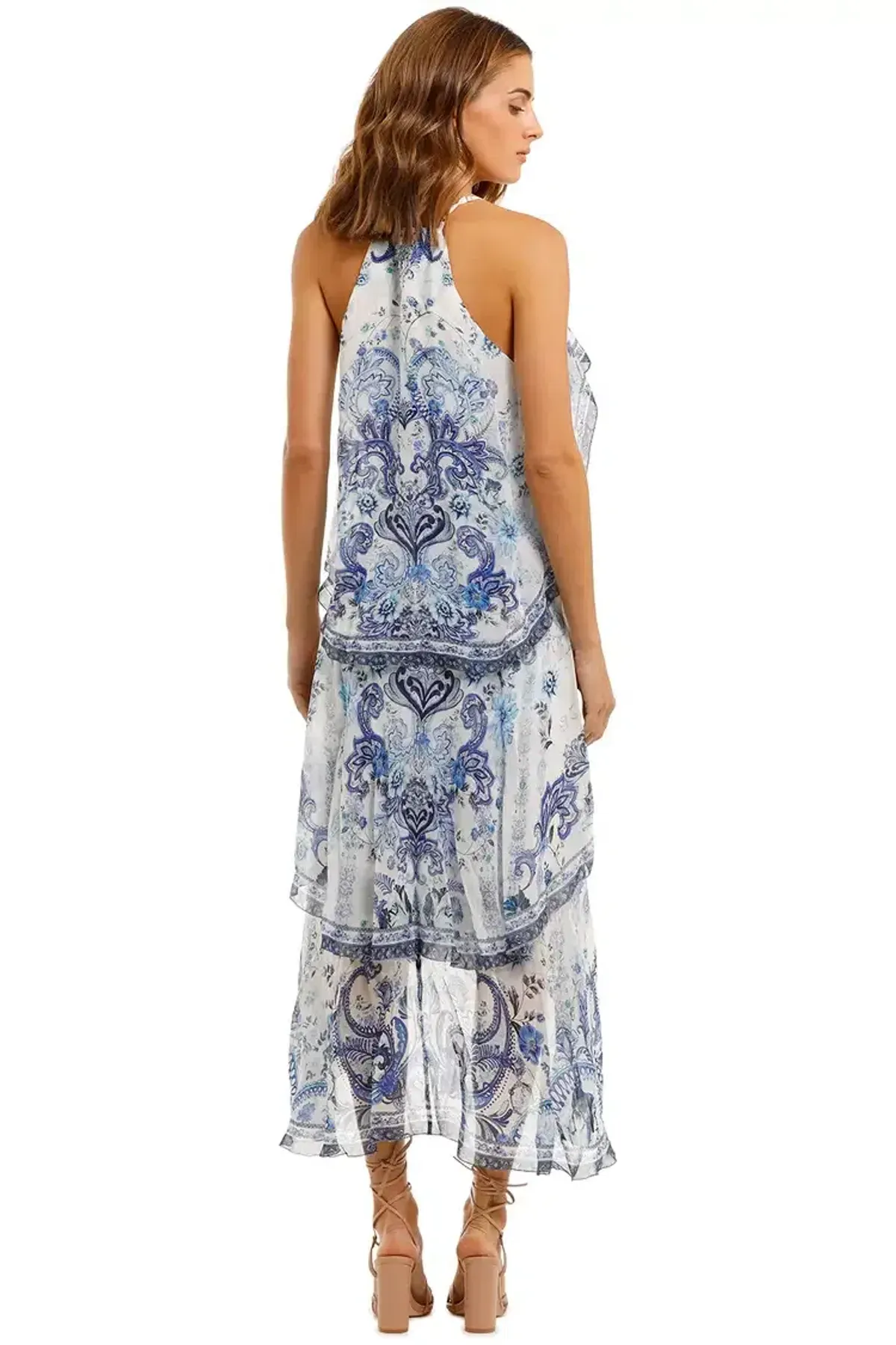 Camilla V-Neck Fitted Dress With Ruffles in Blue Size 10 - Image 3