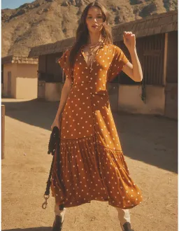 Bohemian Traders Polka Dot Lattice Midi Dress Brown Size 8 for rent on The Volte - image 1