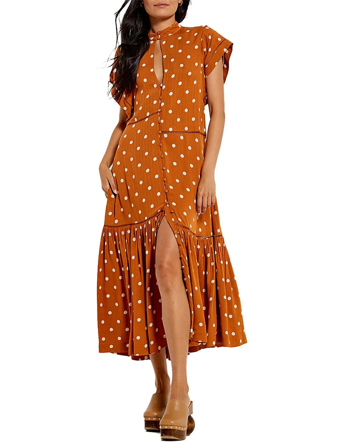 Bohemian Traders Polka Dot Lattice Midi Dress Brown Size 8 - Image 2