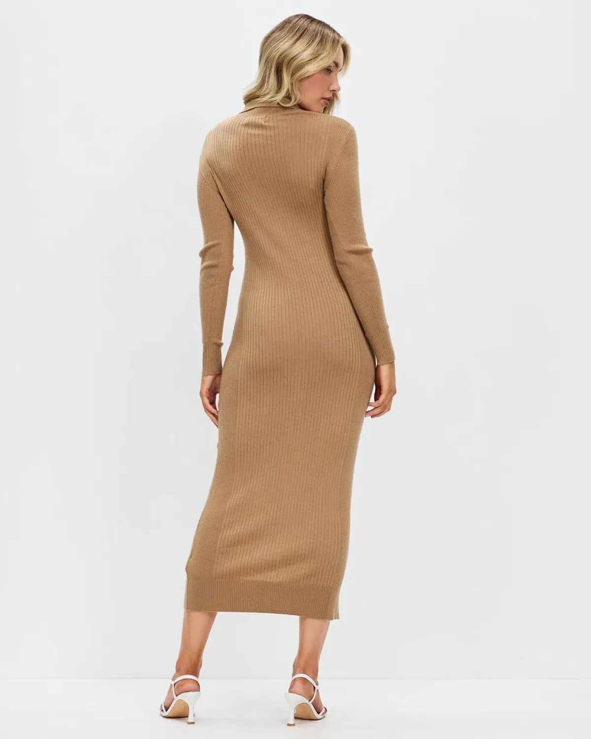 Calvin Klein Wool Tencel Rib Midi Dress Safari Canvas Size 10 - Image 5