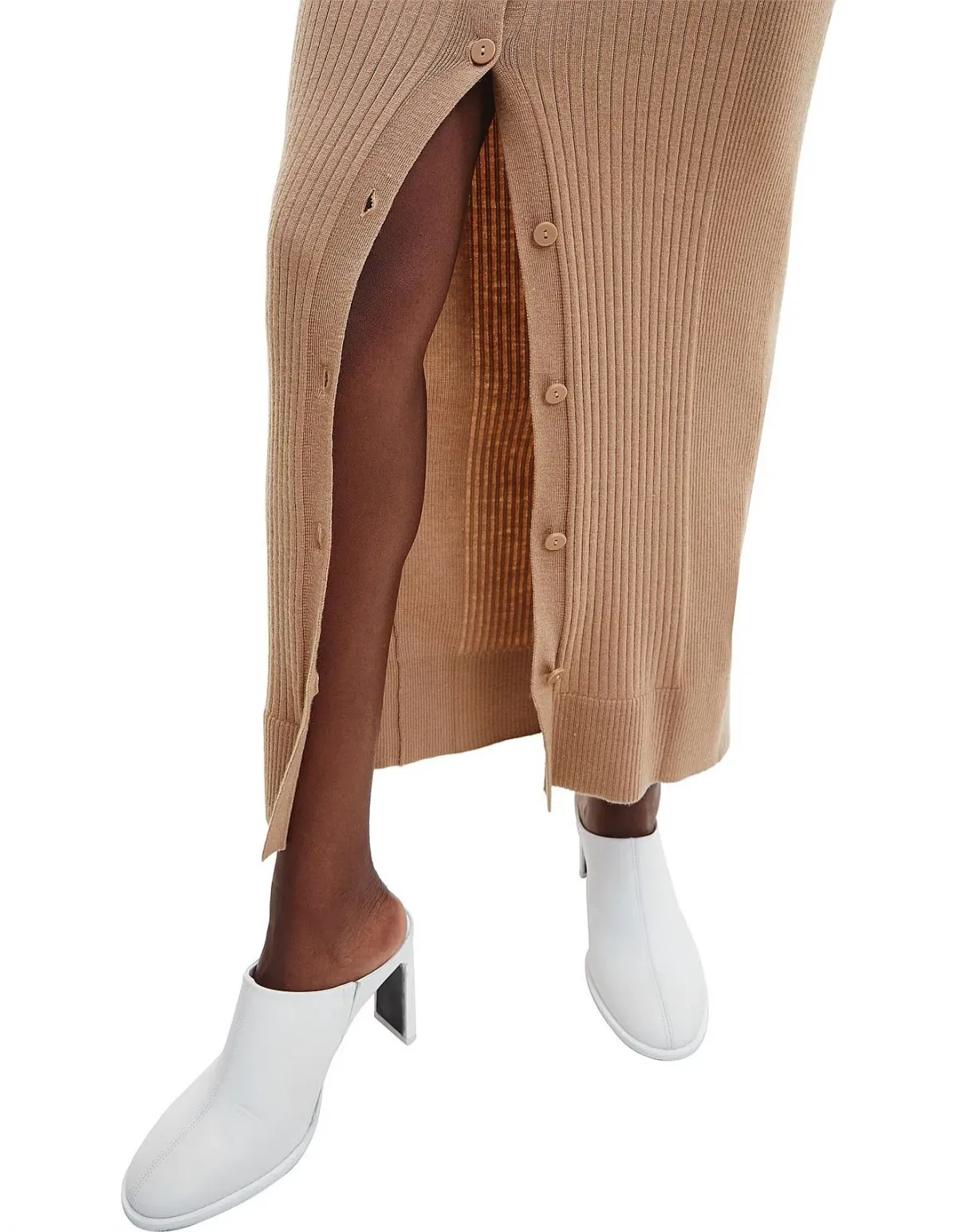 Calvin Klein Wool Tencel Rib Midi Dress Safari Canvas Size 10 - Image 4