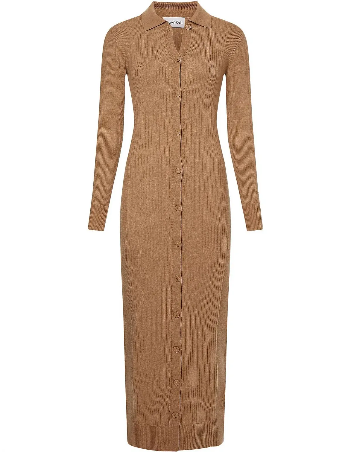 Calvin Klein Wool Tencel Rib Midi Dress Safari Canvas Size 10 - Image 7