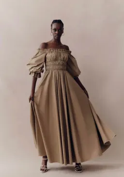 Aje Wattle Off Shoulder Midi Dress Taupe Grey Size 12 for rent on The Volte - image 1