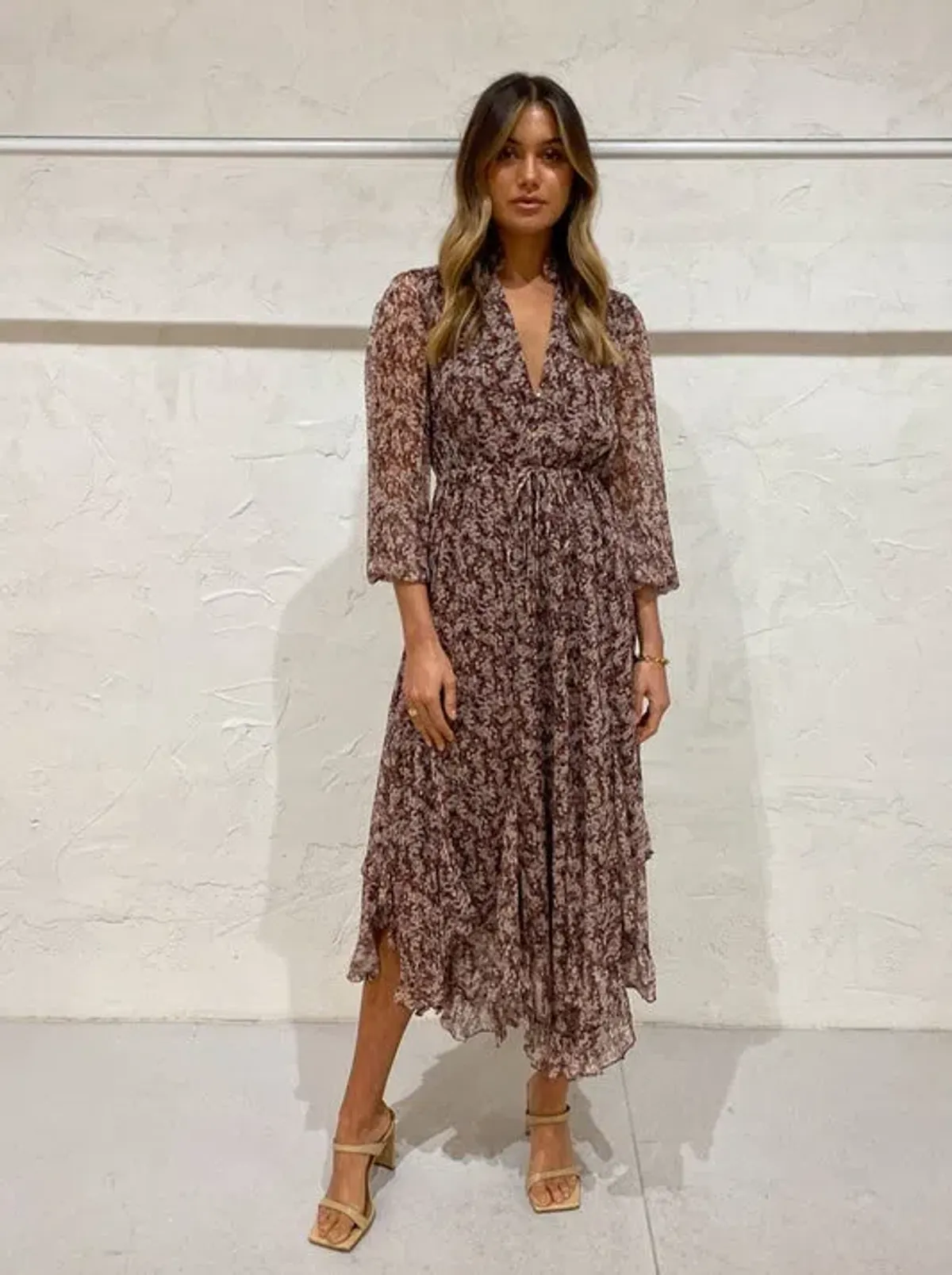 Shona Joy Blossom Plunged Midi Dress In Choc/Multi Size 6 - Image 3