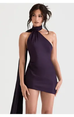 House of CB Aida Asymmetric Satin Wrap Neck Mini Dress in Nightshade Size M/ AU 10 for rent on The Volte - image 2