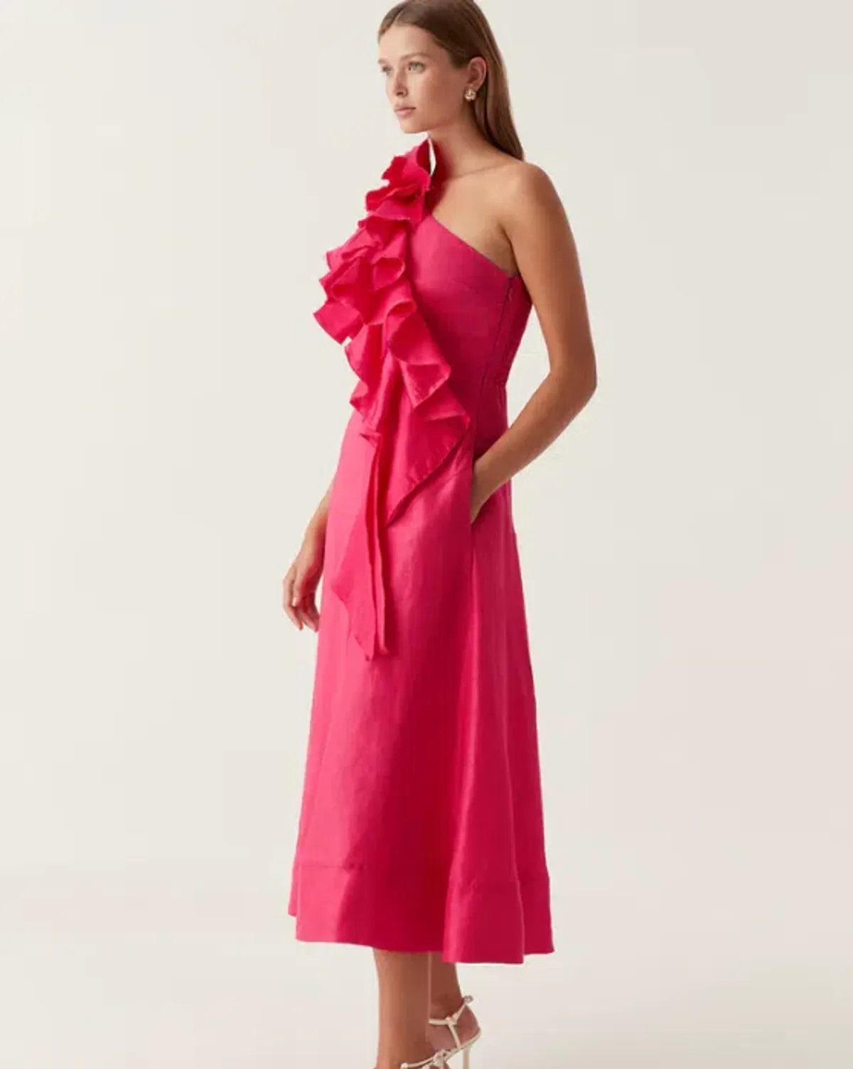 Aje Adelia Ruffle Midi Dress in Pink Size 8 - Image 2