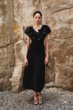 Aje Transcendent Ruffle Midi Dress in Black Size 12 for rent on The Volte - image 1