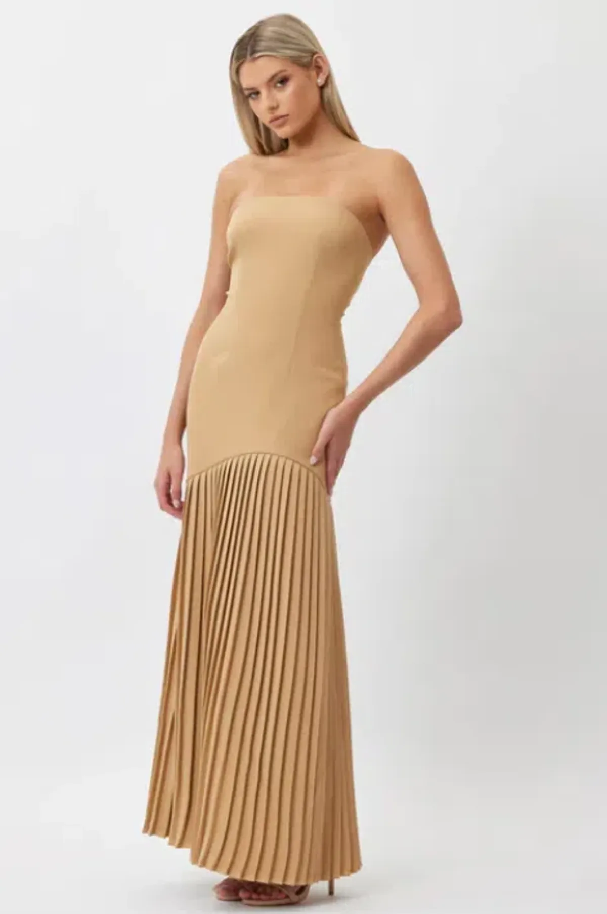 Bianca and Bridgett Mara Pleated Maxi Dress in Beige Gold Size 8 - Image 2