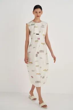 Oroton Structured Spaced Label Midi Dress Soft Cream Print Size 6 for rent on The Volte - image 1