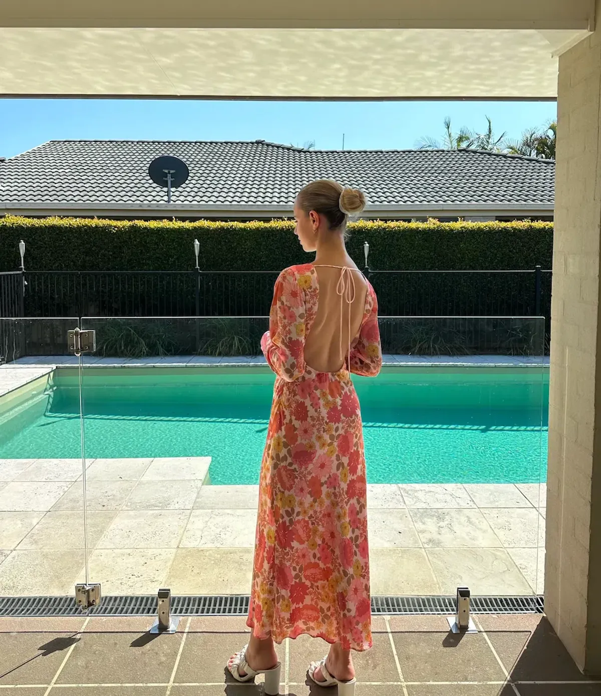 Ownley Zaliah Bias Backless Midi Dress Pink Floral Size 8  - Image 4