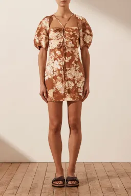 Shona Joy Capucine Linen Lace Front Lantern Sleeve Mini Dress Floral Size 8 for rent on The Volte - image 1