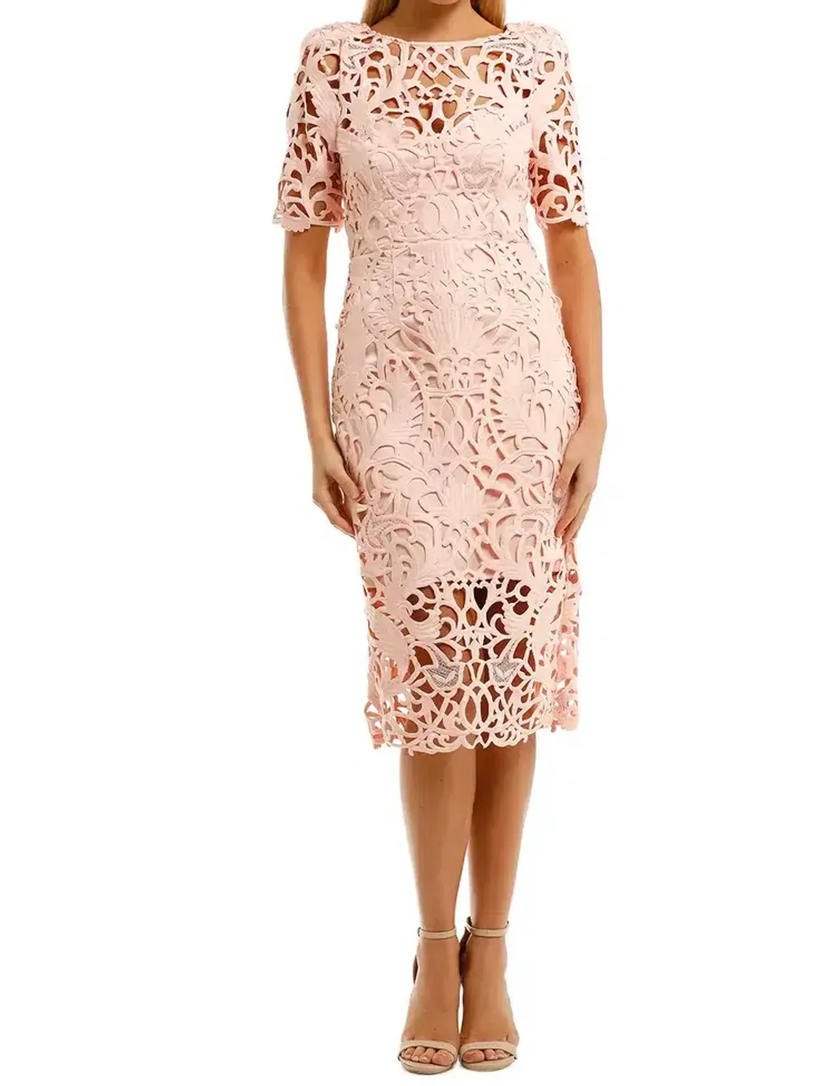 Melbourne Cup Day Best Dress - Thurley Utopia Lace Midi Dress in Seashell Pink with choice of 1 fascinator  - Image 2