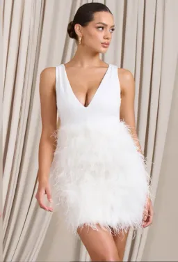 Club L London Flirt  Plunge Front Mini Dress with Feather Skirt White Size 4  for rent on The Volte - image 2
