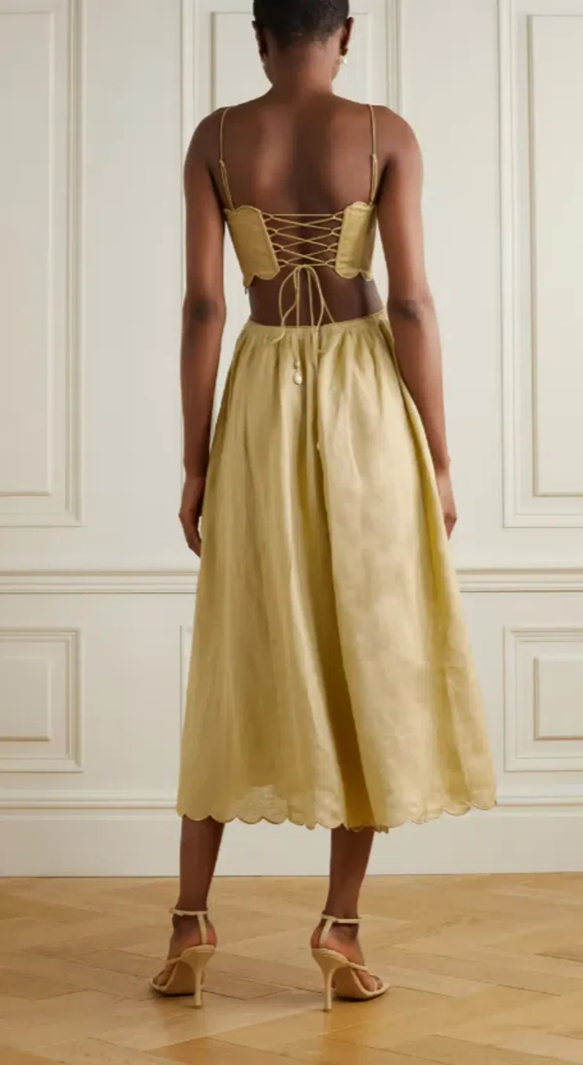 Zimmermann Jude Lace Up Cutout Scalloped Linen Voile Midi Dress Beige Size 0 / AU 8 - Image 2