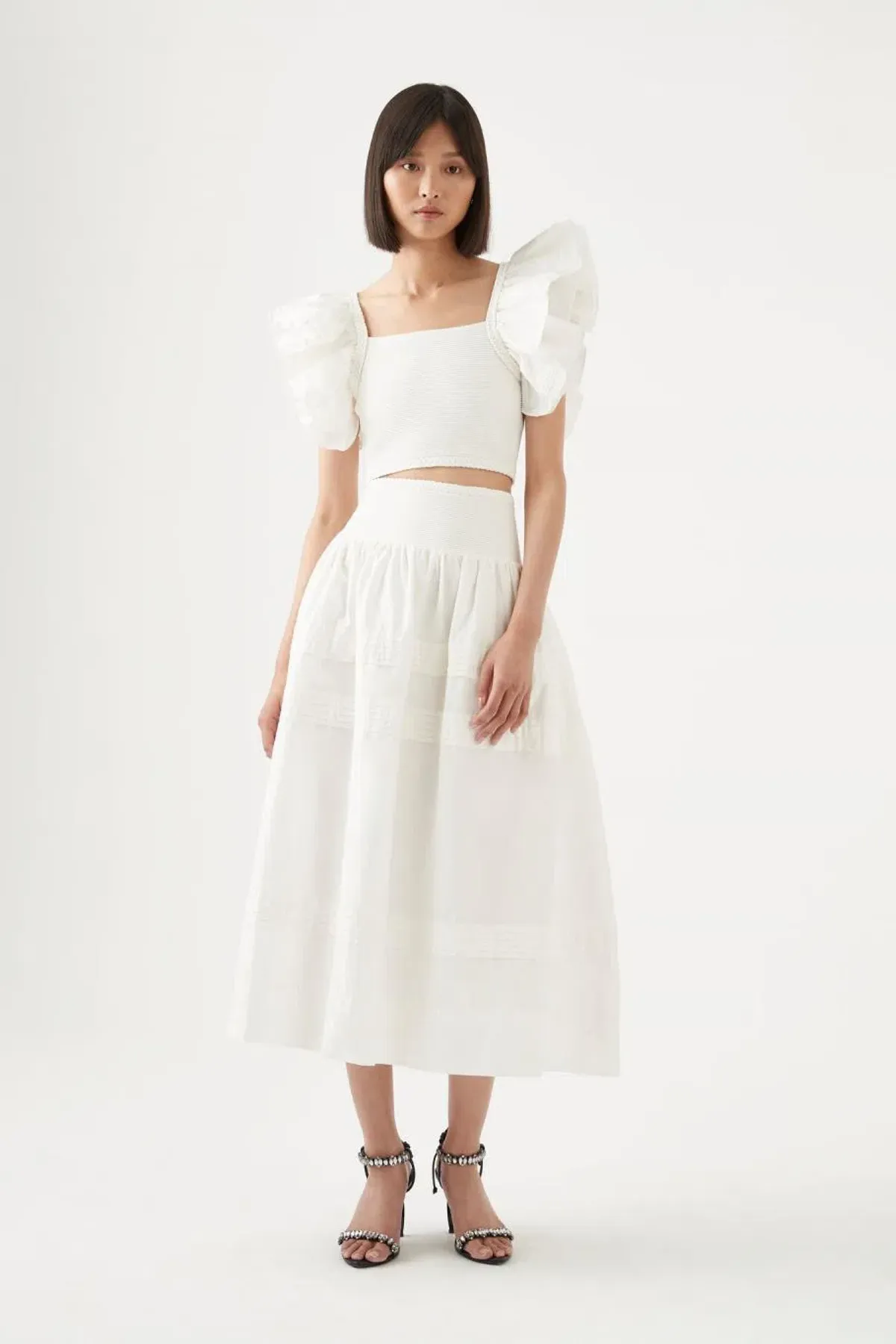 Aje Corinne Knit Bodice Crop Top and Rosalie Knit Waist Midi Skirt Set in Ivory Size XL / AU 16 - Image 1