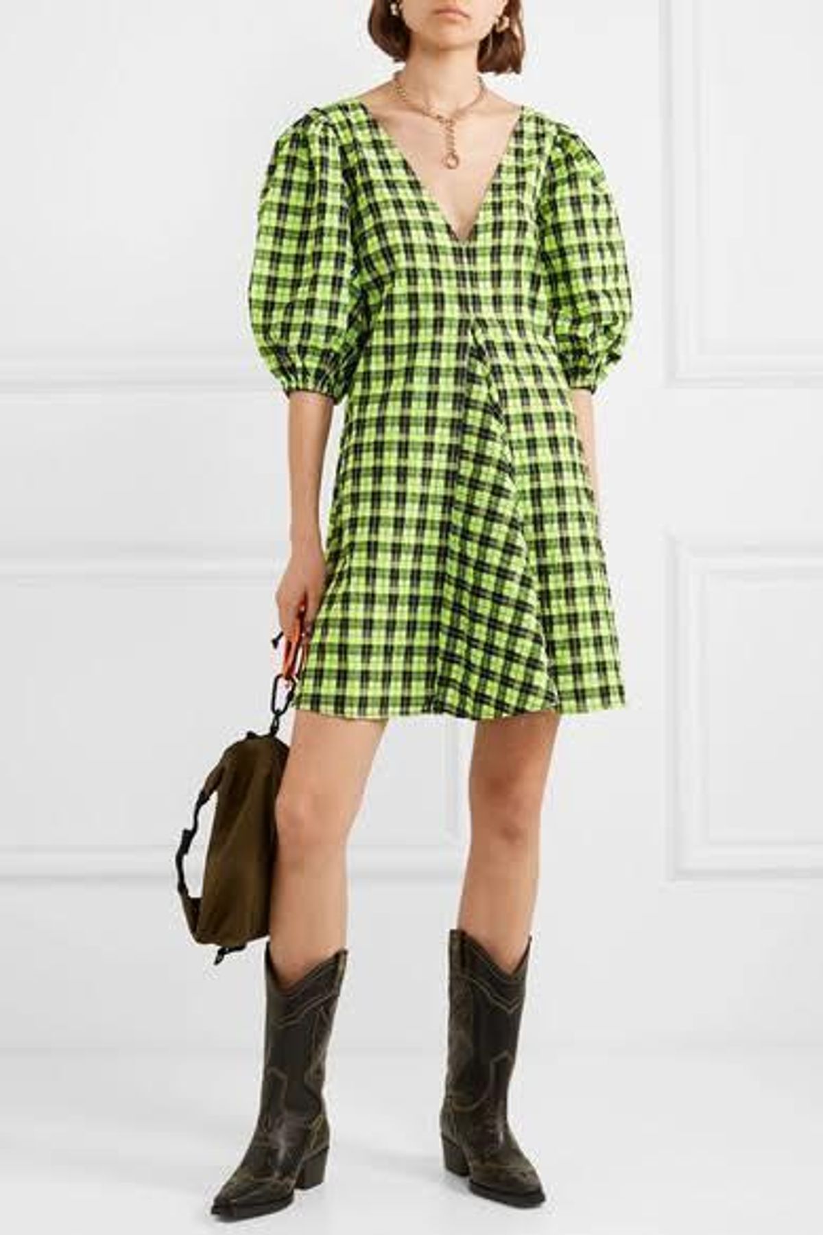 Ganni seersucker check dress green - Image 2