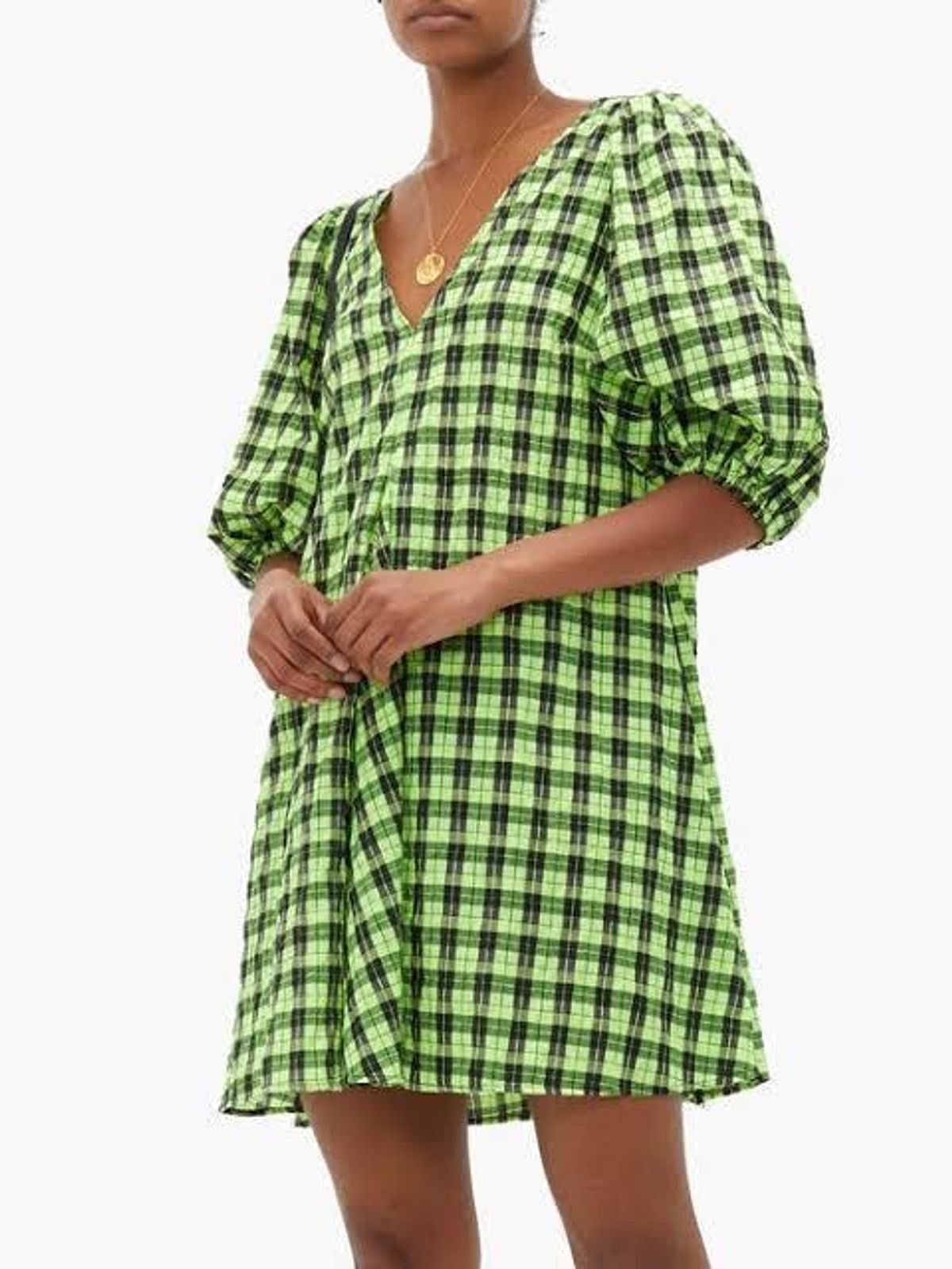 Ganni seersucker check dress green - Image 1