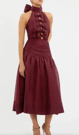 Rebecca Vallance Bordeaux Bow Midi Dress Ox Blood Size 8 for rent on The Volte - image 2