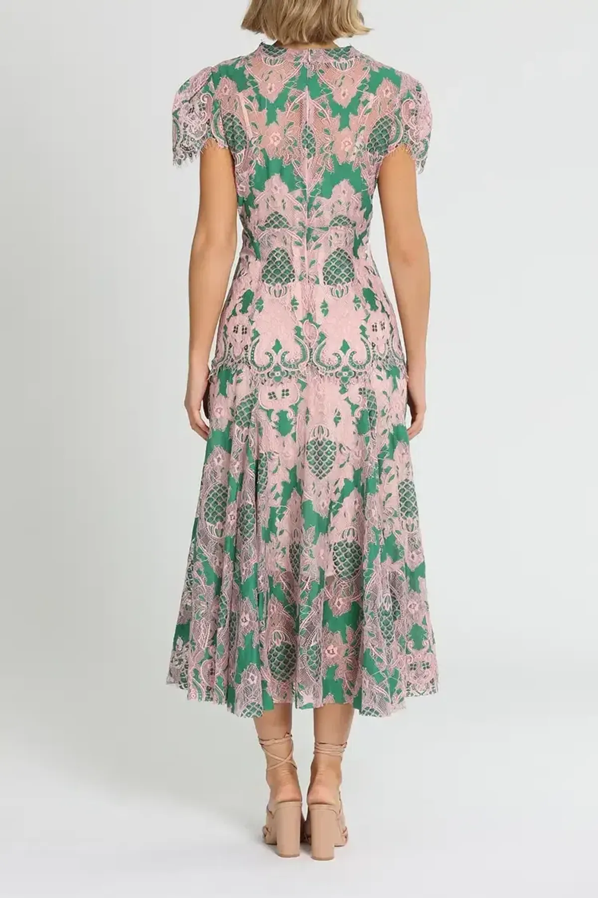 Moss and Spy Sienna Cap Sleeve Midi Dress in Green and Pink Size 14 - Image 3