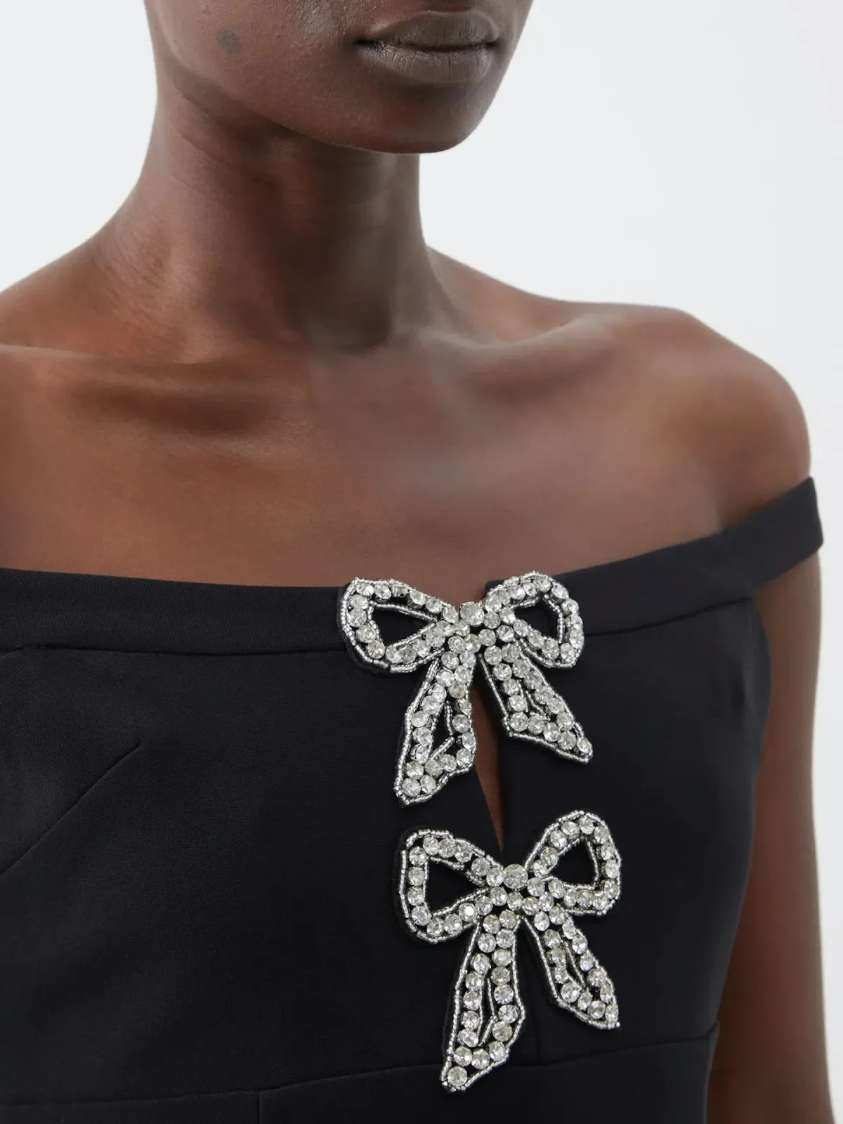 Self-Portrait Off Shoulder Crystal Embellished Bow Tie Crepe Mini Dress Black Size 8 - Image 2