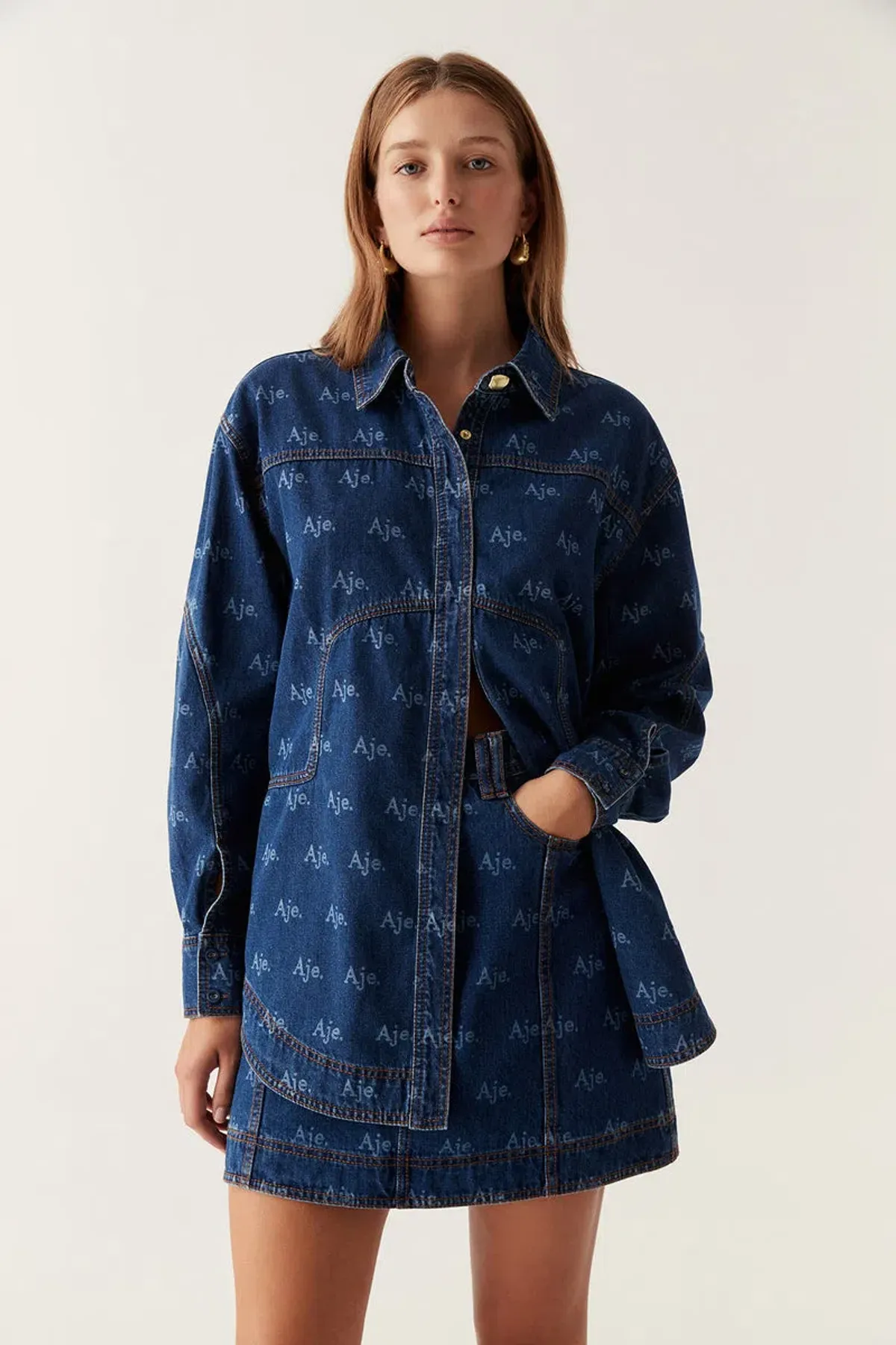 Aje Ratio Logo Denim Shirt and Mini Skirt Set Logo Wash Blue Size 16 - Image 2