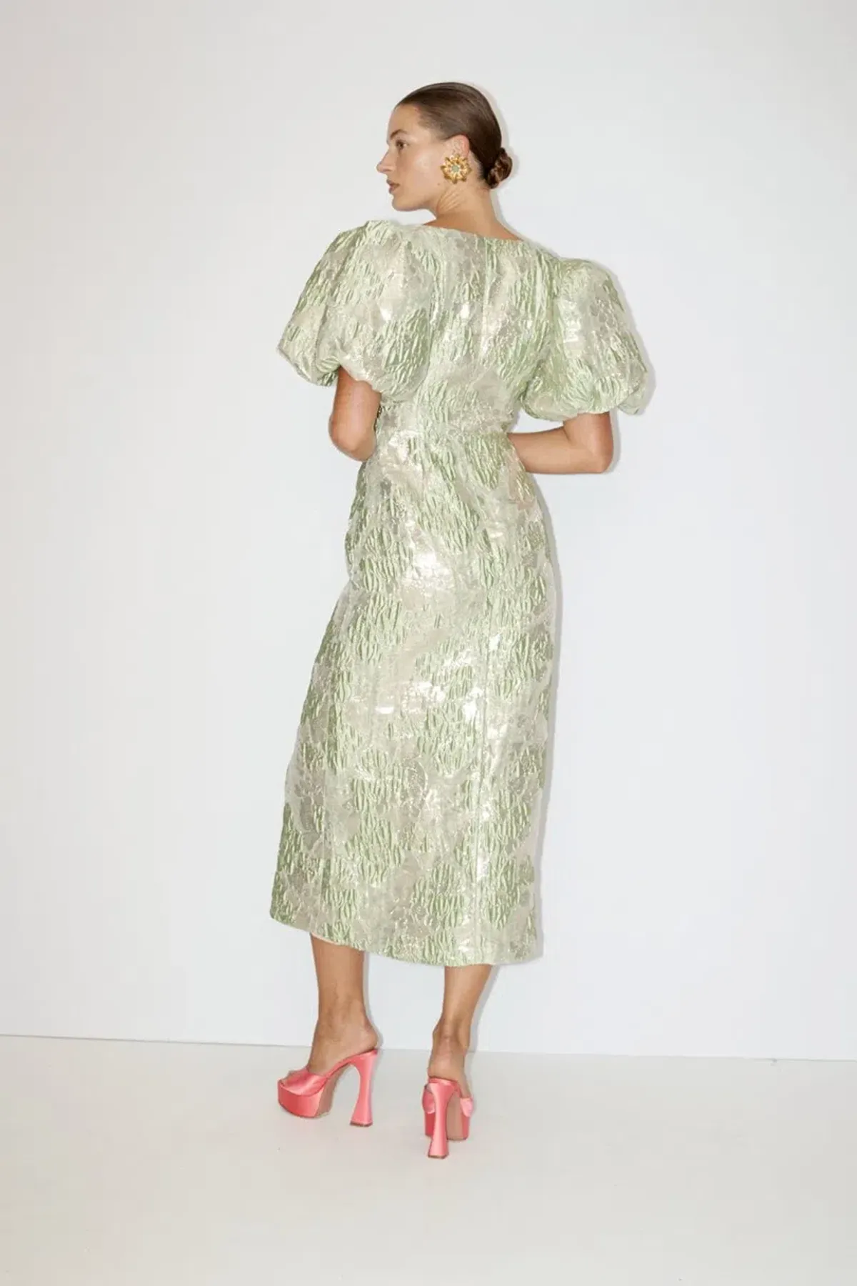 Alemais Mira Puff Sleeve Midi Dress Green Silver Size 14 - Image 3