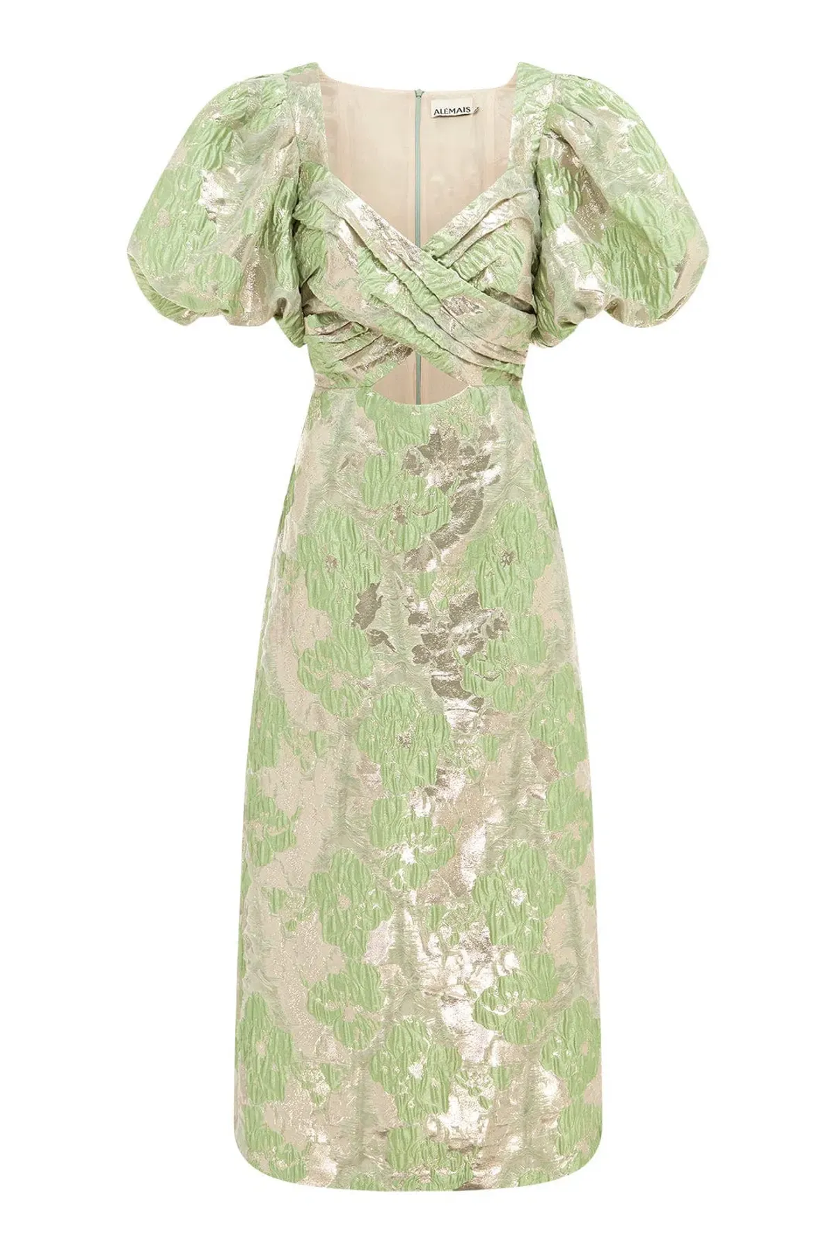 Alemais Mira Puff Sleeve Midi Dress Green Silver Size 14 - Image 4