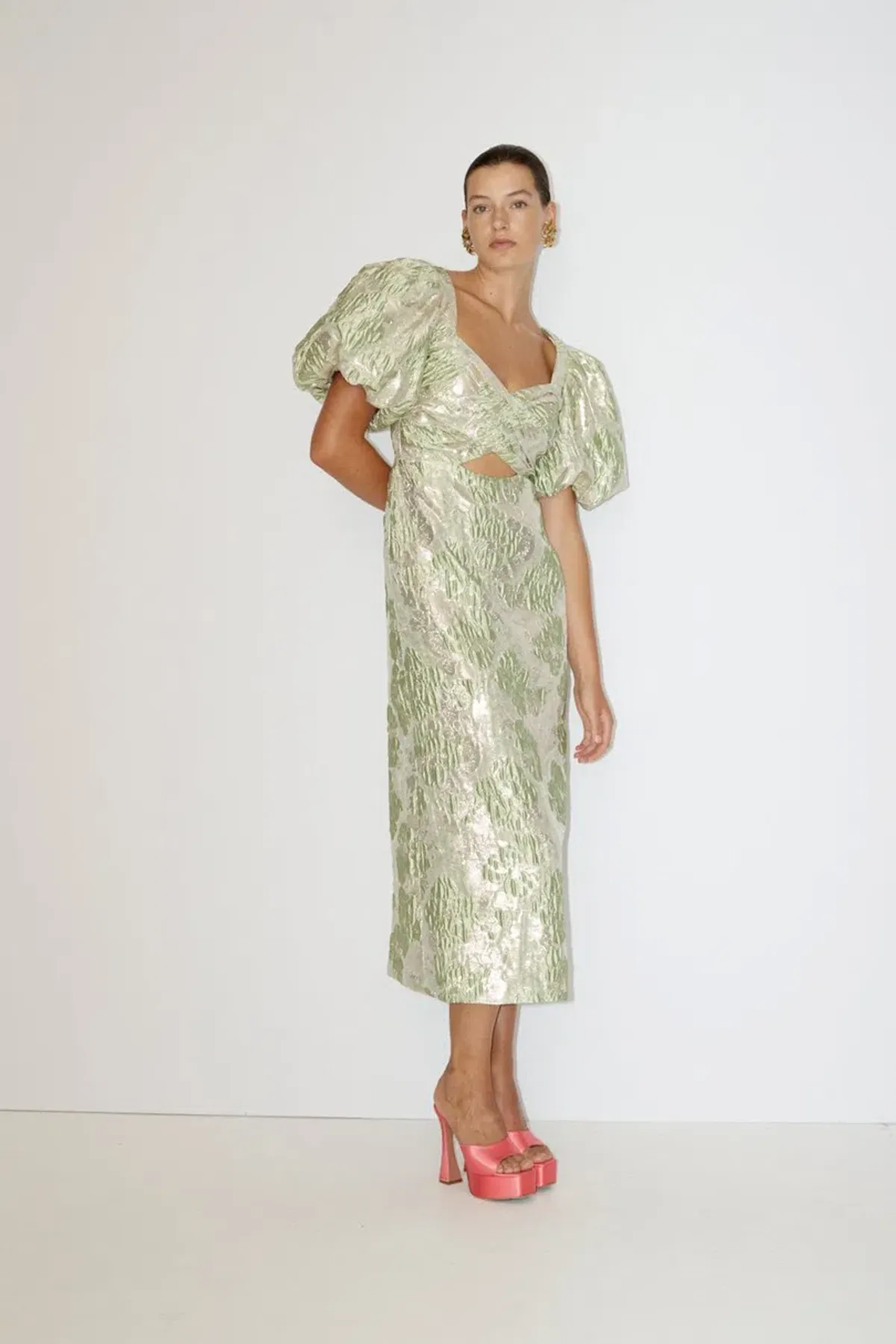 Alemais Mira Puff Sleeve Midi Dress Green Silver Size 14 - Image 2