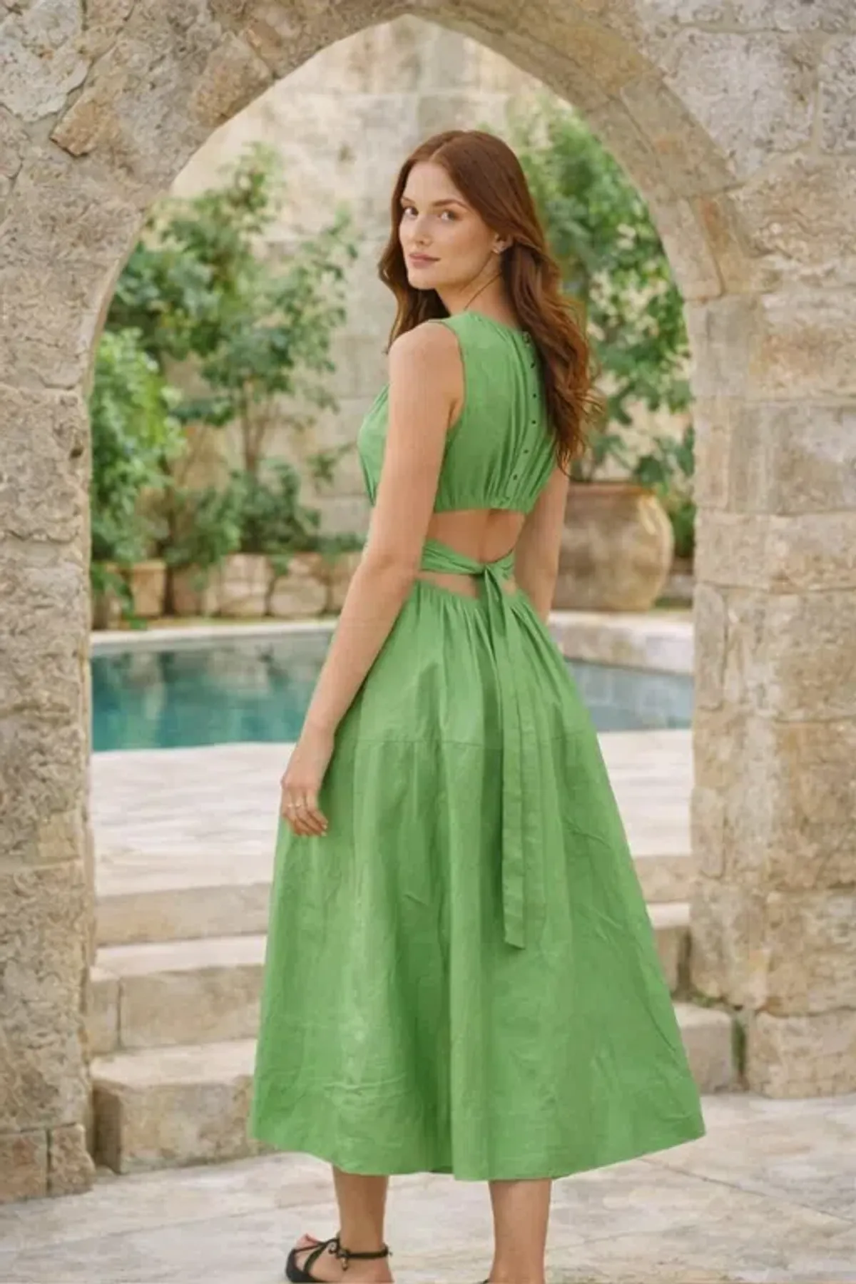 Aje Zorina Tie Midi Dress Fern Green Size 10 - Image 2