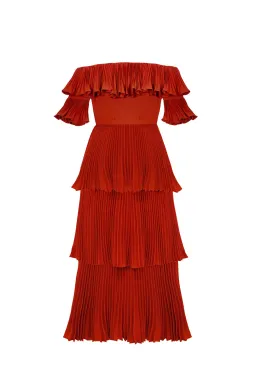 Self Portrait Flounced Off the Shoulder Pleated Maxi Dress Crimson Red Size 6 for rent on The Volte - image 3