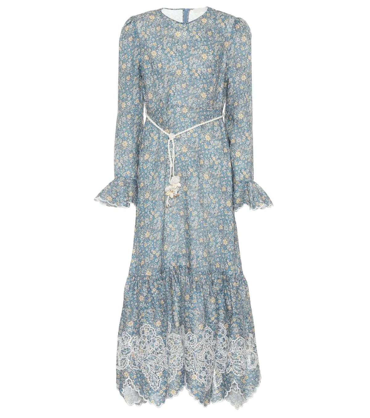 Zimmermann Carnaby Belted Broderie Anglaise-trimmed Floral-print Linen Midi Dress In Blue Print Size 14 - Image 3