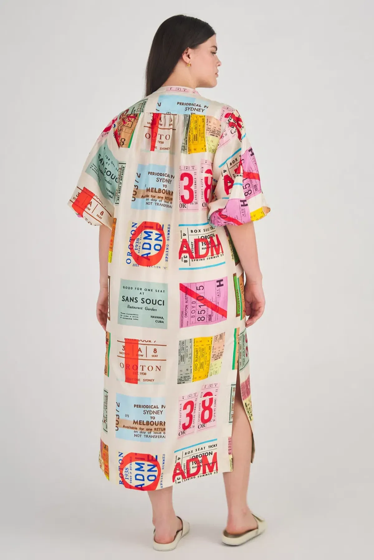 Oroton Ticket Print Shirt Midi Dress Multi Print Size 16 - Image 6