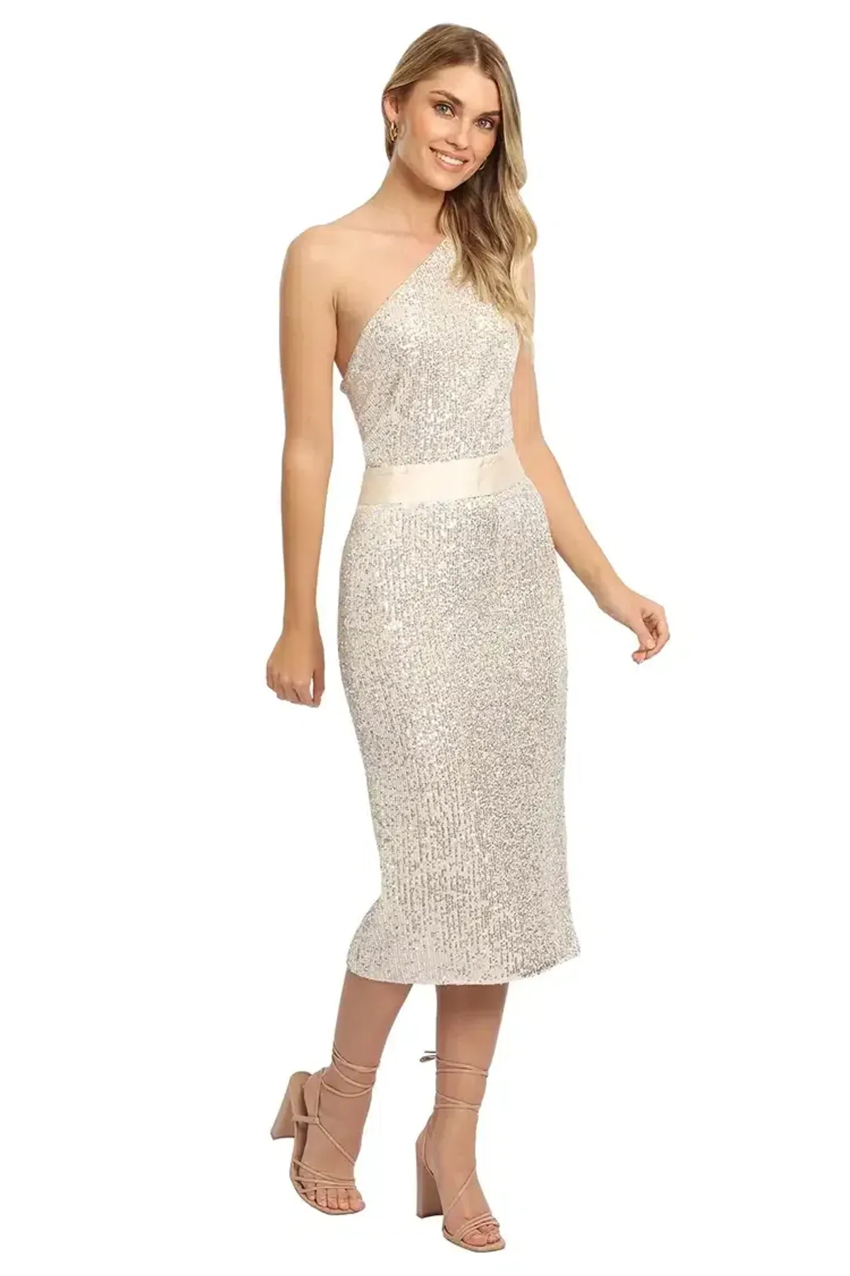 Elle Zeitoune Allene Sequin One Shoulder Midi Dress in Silver Size 10 - Image 4