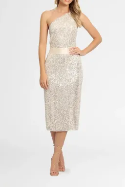 Elle Zeitoune Allene Sequin One Shoulder Midi Dress in Silver Size 8 for rent on The Volte - image 4