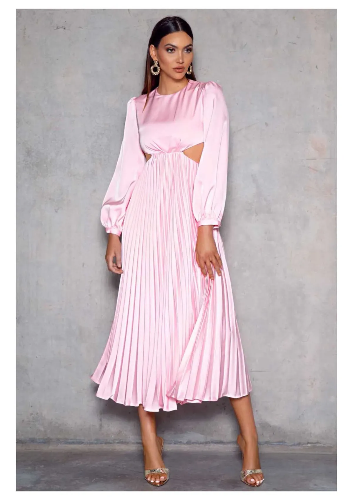 Elle Zeitoune Barry Satin Long Sleeve Midi Dress in Candy Pink Size 8 - Image 1