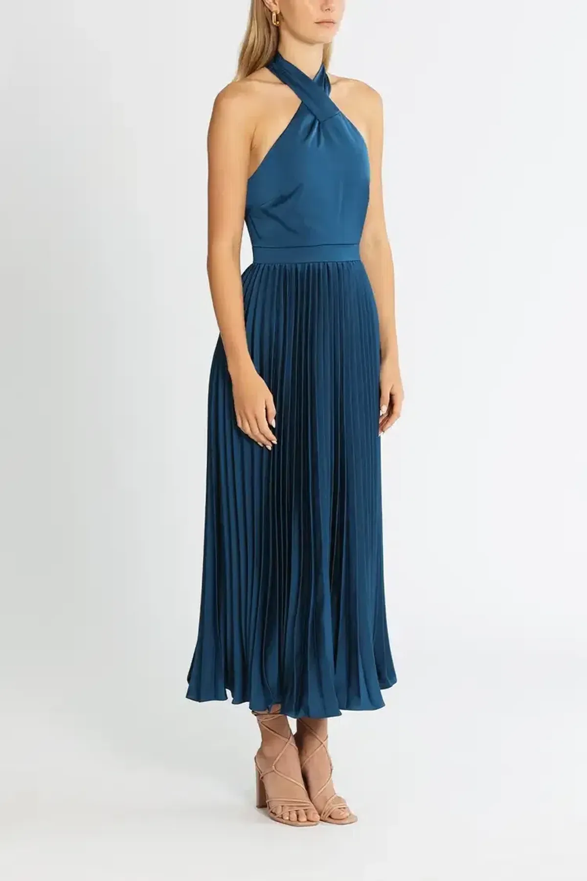 Elle Zeitoune Pleated Halter Midi Dress in Blue Size 8 - Image 2