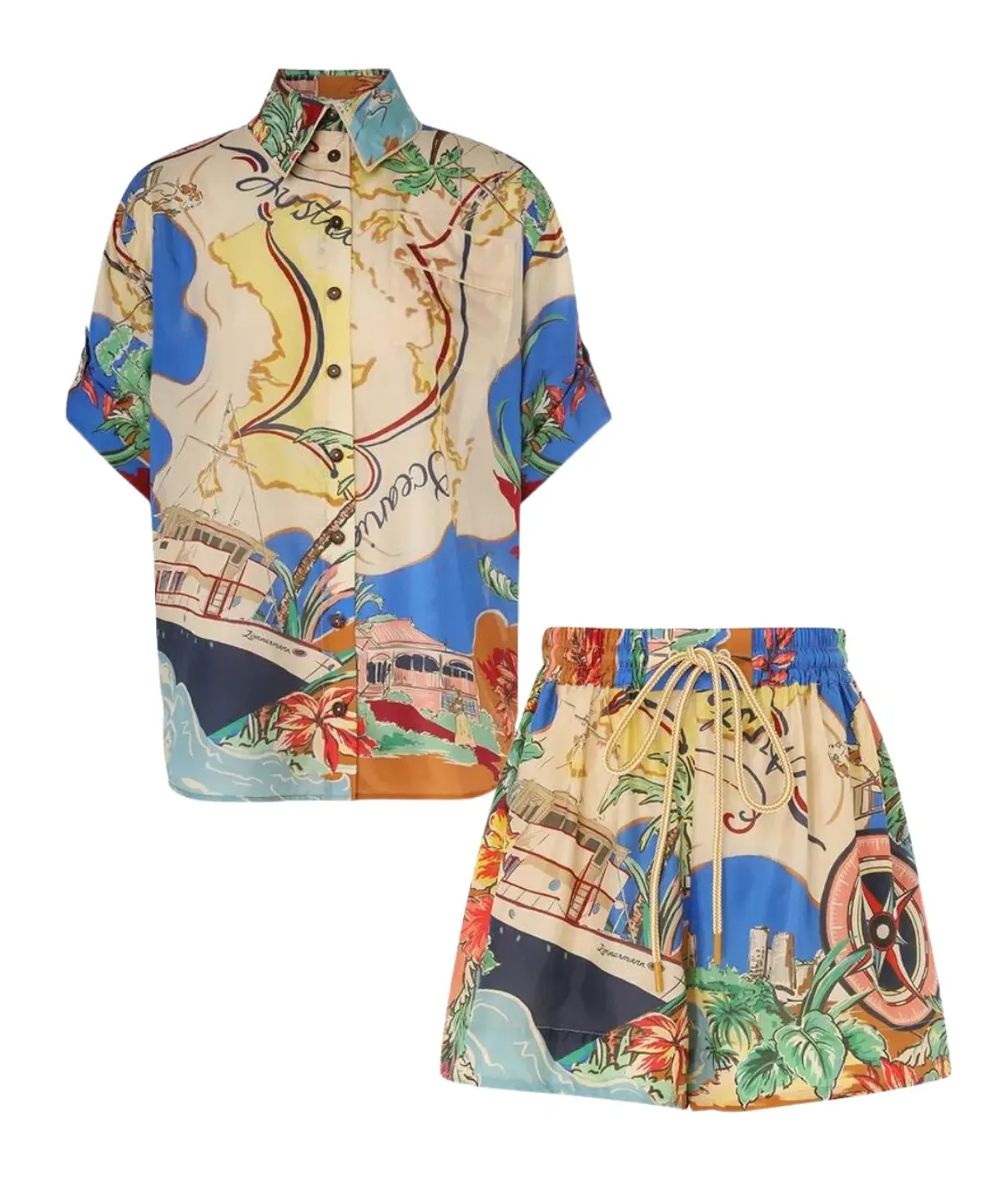 Zimmermann Alight Short Sleeve Shirt and Draw Waist Shorts Set Nautical Map Size 0/Au 8  - Image 3
