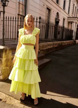 Aje Medina Ruched Cropped Top and Tiered Midi Skirt Light Lemon Set Size 16 for rent on The Volte - image 2