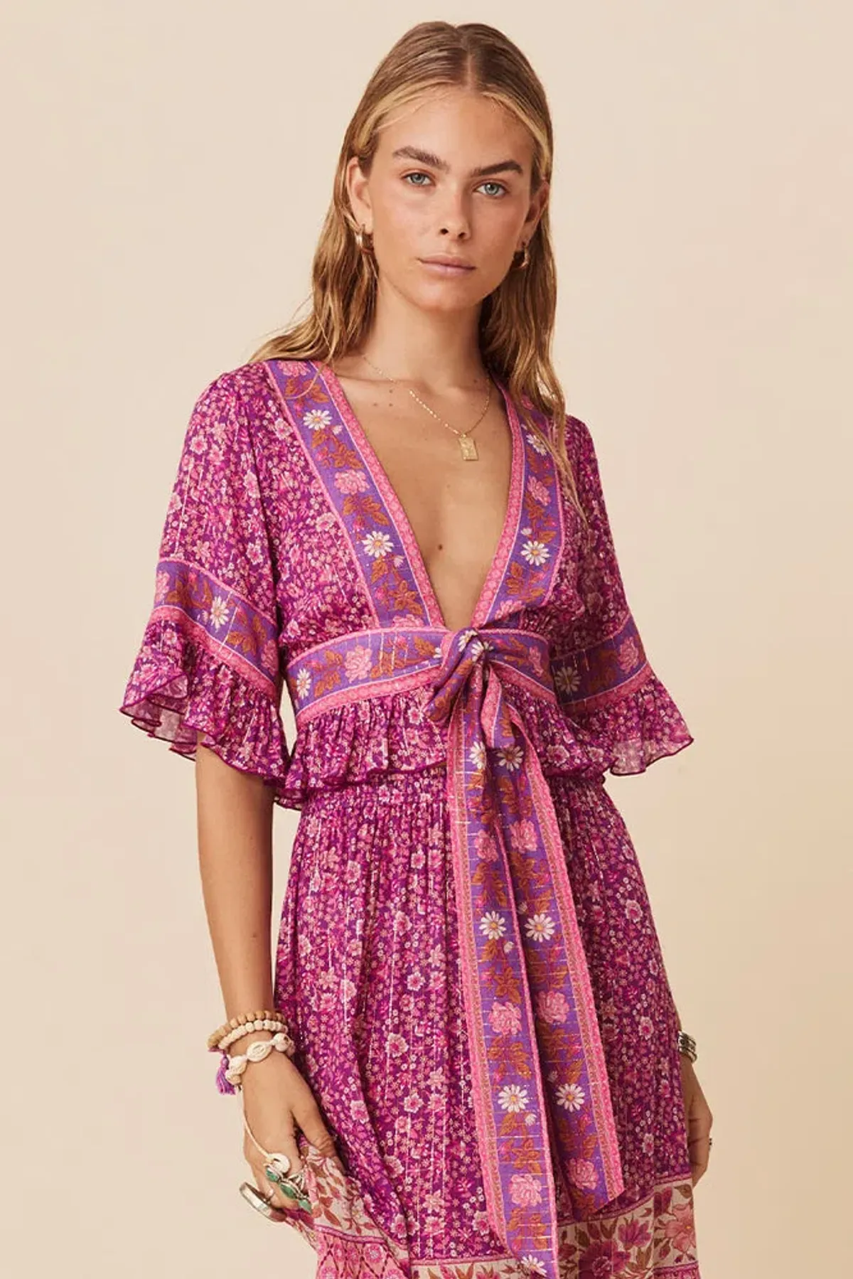 Spell And The Gypsy Sienna Cropped Blouse And Skirt  Set Fuchsia Size M/Au 10 - Image 4