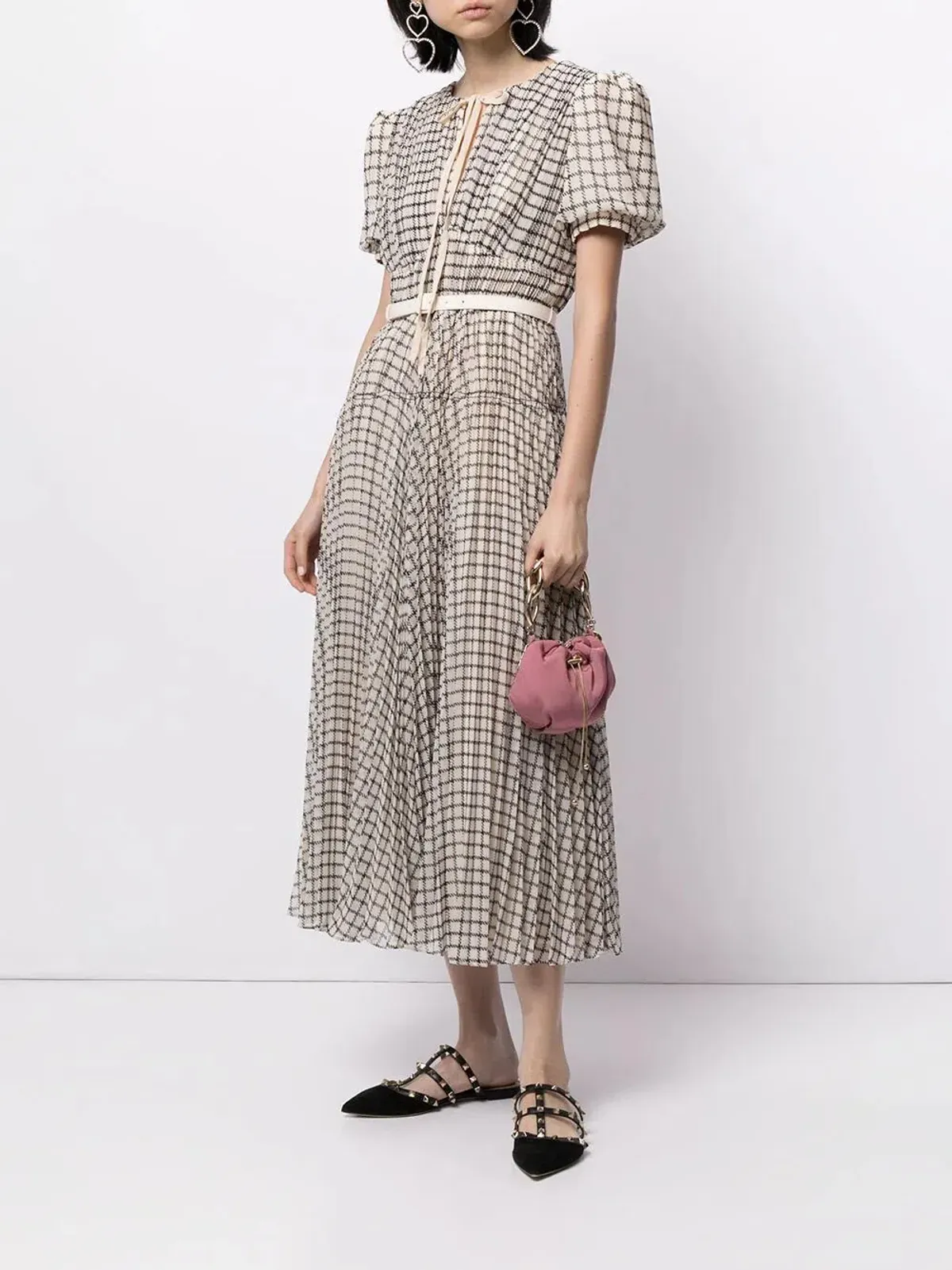 Self Portrait  Belted Checked Chiffon Midi Dress Beige Multi Size 12 - Image 1