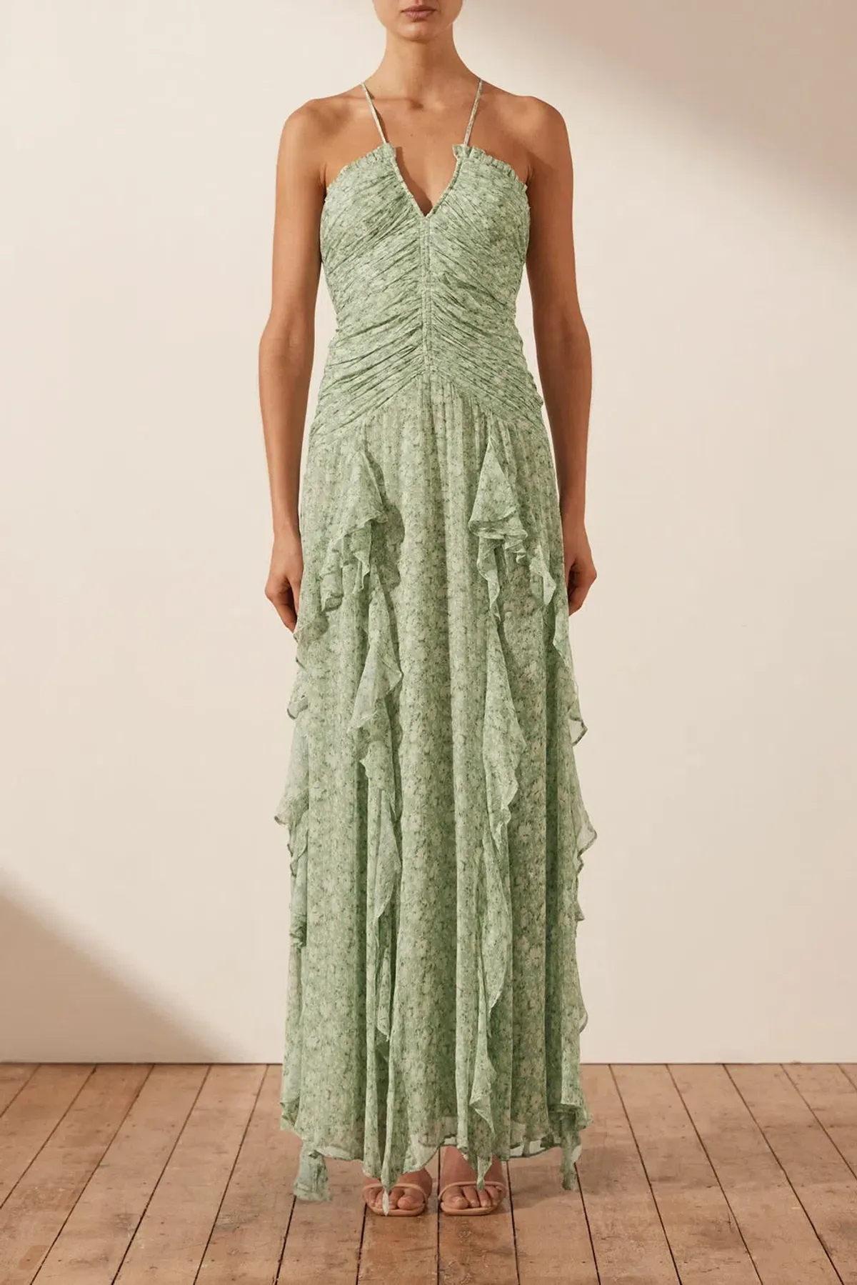 Shona Joy Aurore Ruched Frill Maxi Dress Green Floral Size AU 6 - Image 2